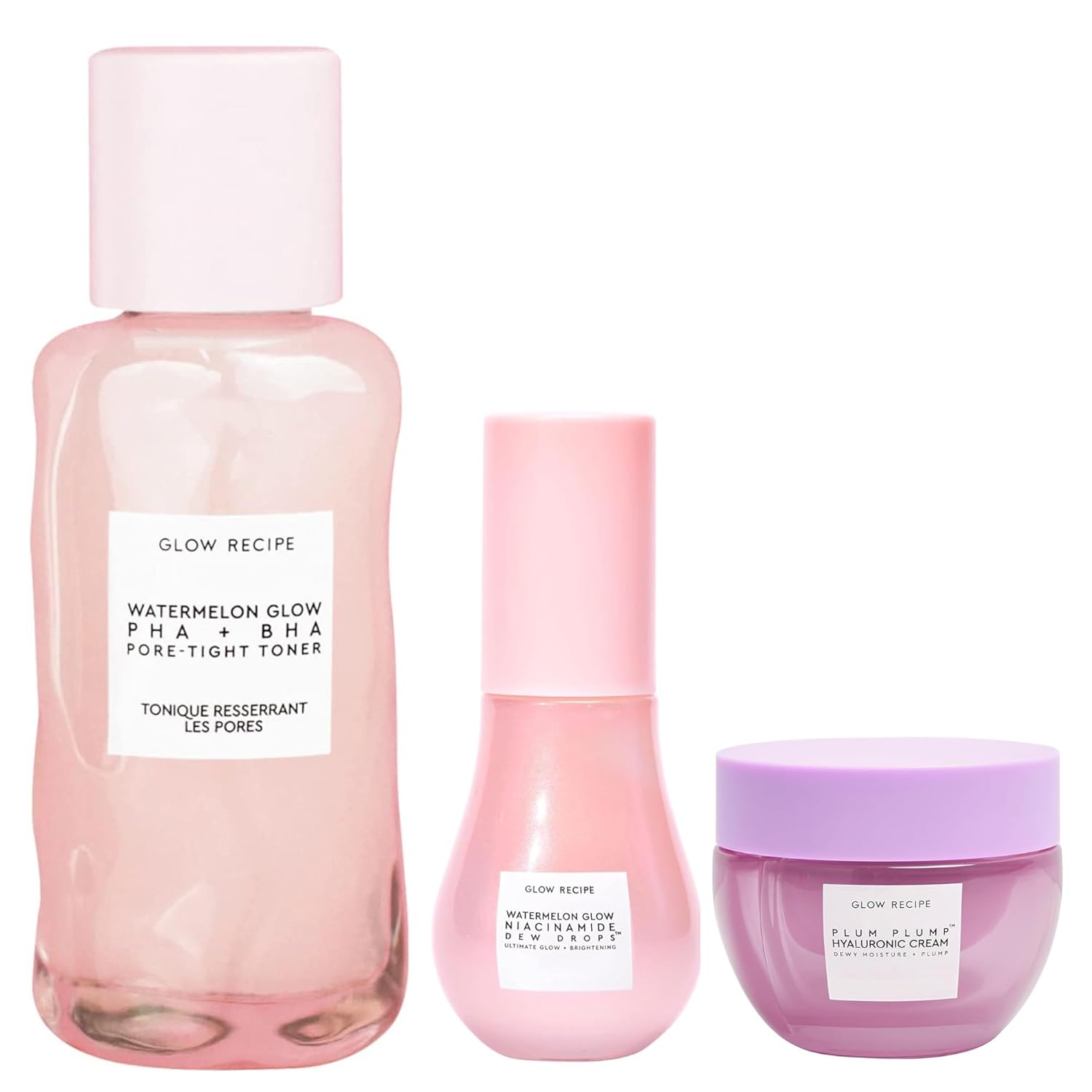 Glow Recipe Watermelon Glow Niacinamide Dew Drops Serum (15 ml) + PHA + BHA Pore Tight Facial Toner (40 ml) + Plum Plump Hyaluronic Cream (20 ml) - Vegan Skin Care for Glowing Skin