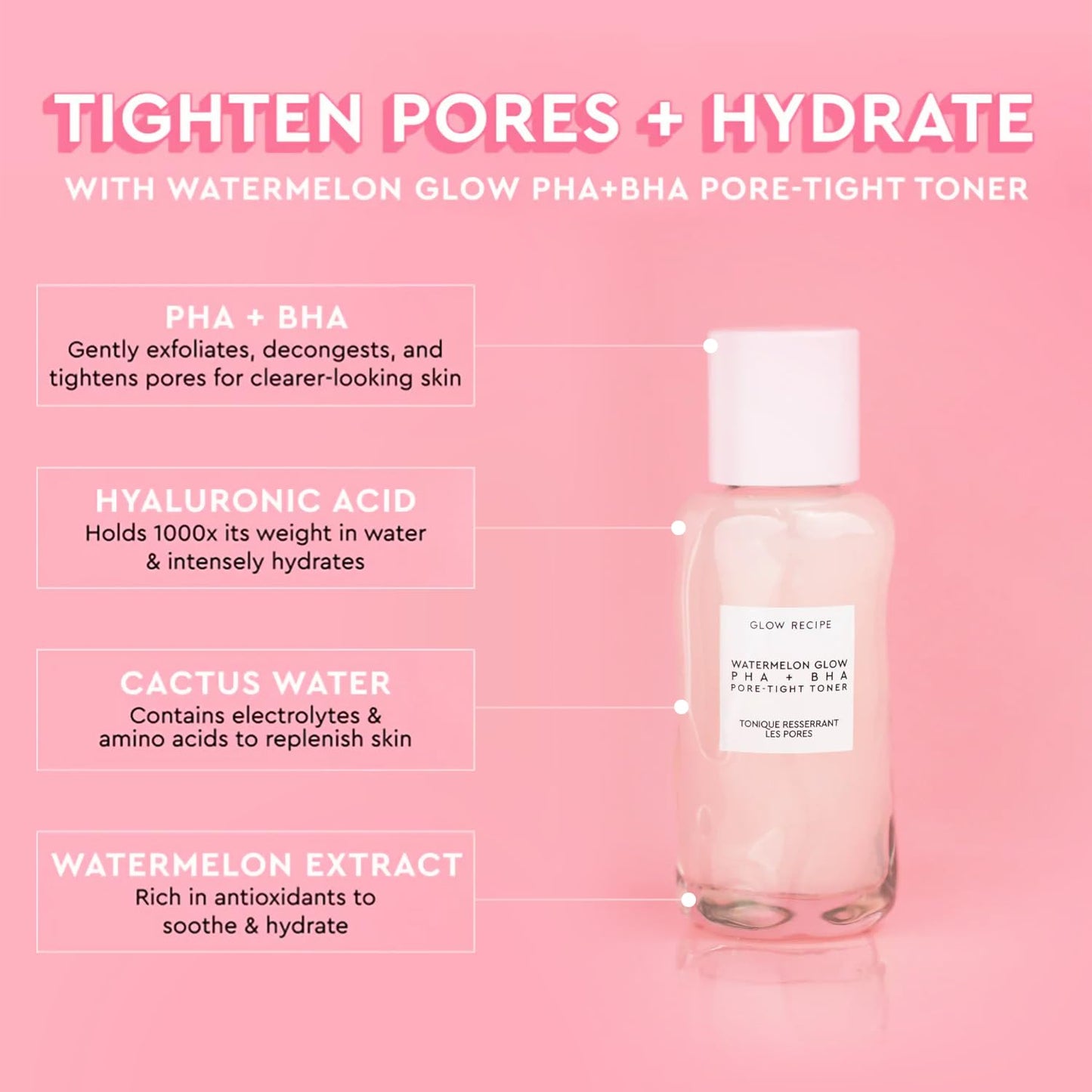 Glow Recipe Watermelon Glow Niacinamide Dew Drops Serum (15 ml) + PHA + BHA Pore Tight Facial Toner (40 ml) + Plum Plump Hyaluronic Cream (20 ml) - Vegan Skin Care for Glowing Skin