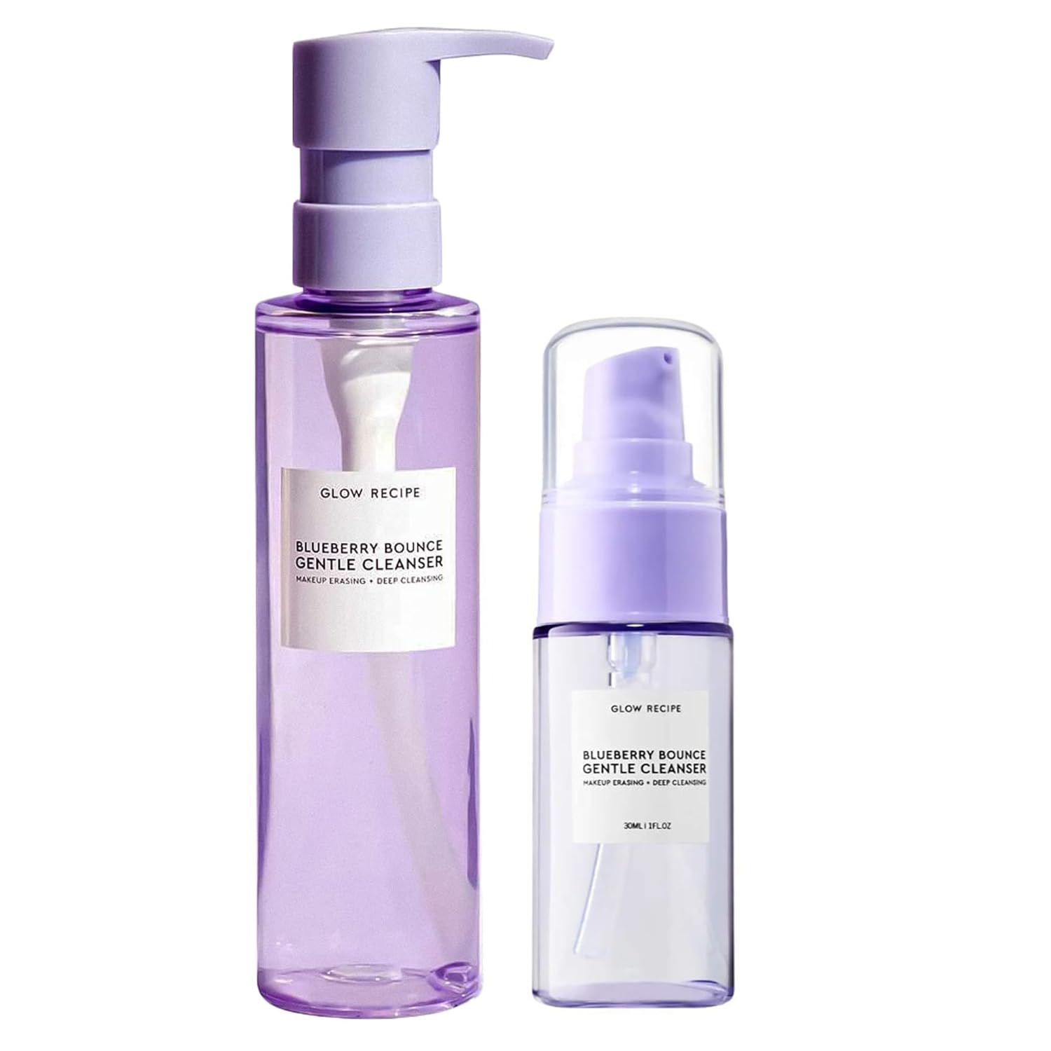 Glow Recipe Blueberry Bounce Gentle Face Cleanser 3-in-1 Foaming Double Cleanser, Makeup Remover Face Wash & Clarifying Mask - Hyaluronic Acid & AHA - Full + Travel Size (160 ml & 30 ml)