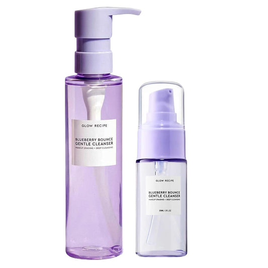Glow Recipe Blueberry Bounce Gentle Face Cleanser 3-in-1 Foaming Double Cleanser, Makeup Remover Face Wash & Clarifying Mask - Hyaluronic Acid & AHA - Full + Travel Size (160 ml & 30 ml)