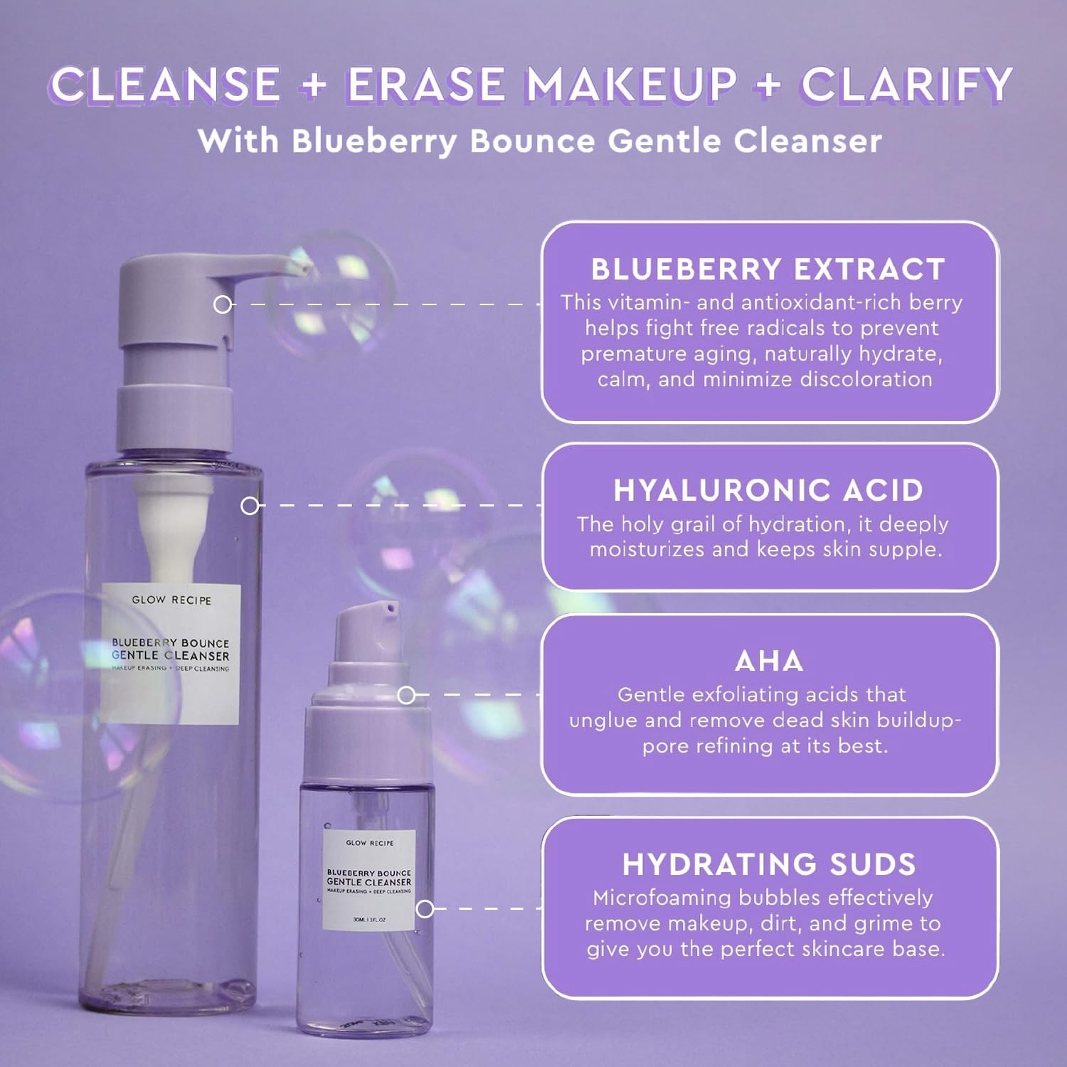 Glow Recipe Blueberry Bounce Gentle Face Cleanser 3-in-1 Foaming Double Cleanser, Makeup Remover Face Wash & Clarifying Mask - Hyaluronic Acid & AHA - Full + Travel Size (160 ml & 30 ml)